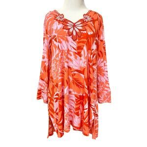 Soft Surroundings Floral Tunic Top L Red Pink Beaded Resort Tropical Stretch